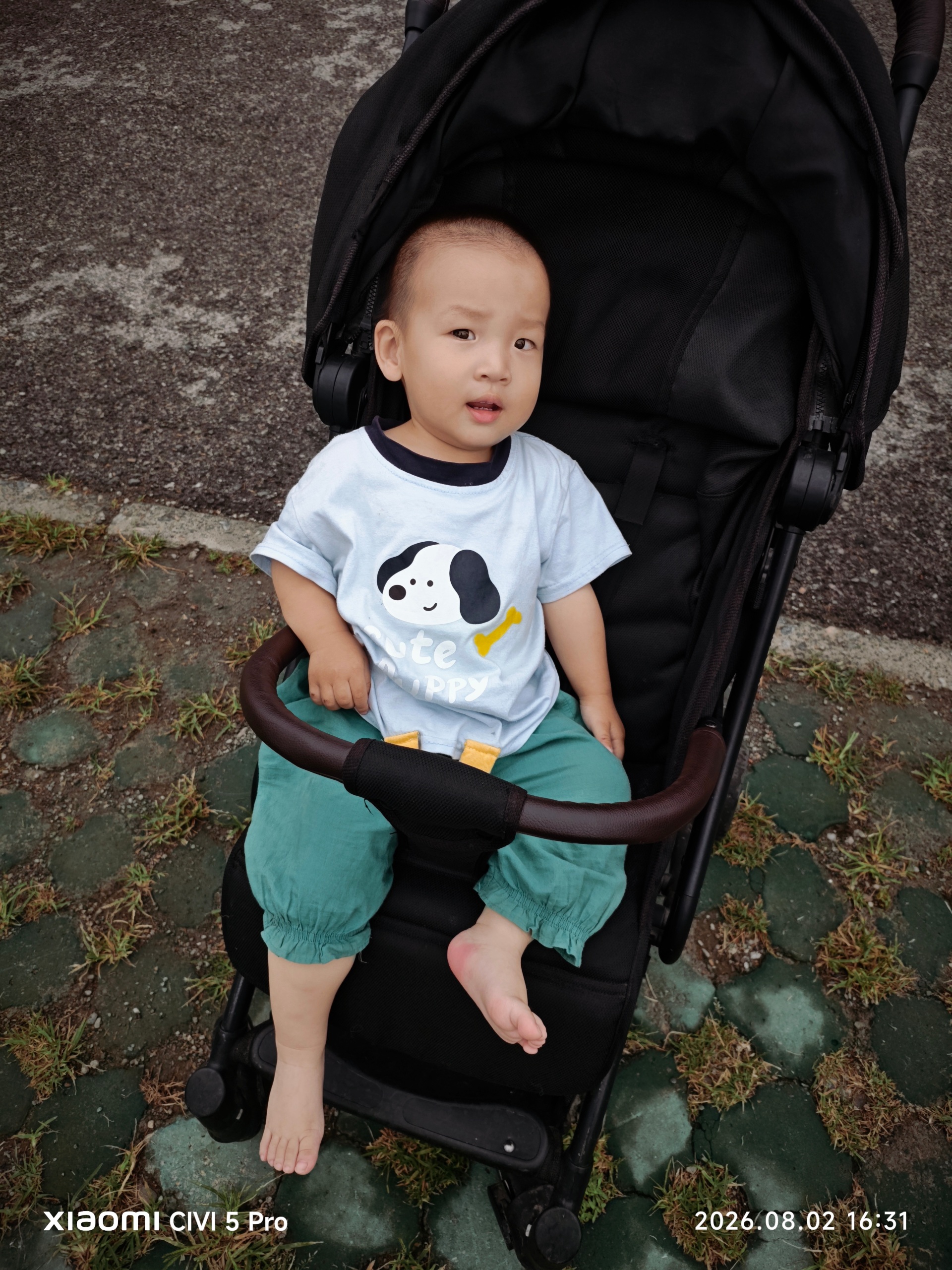 Source image for Toddler in Stroller Reacts to Sudden Bounce with Confused Expression