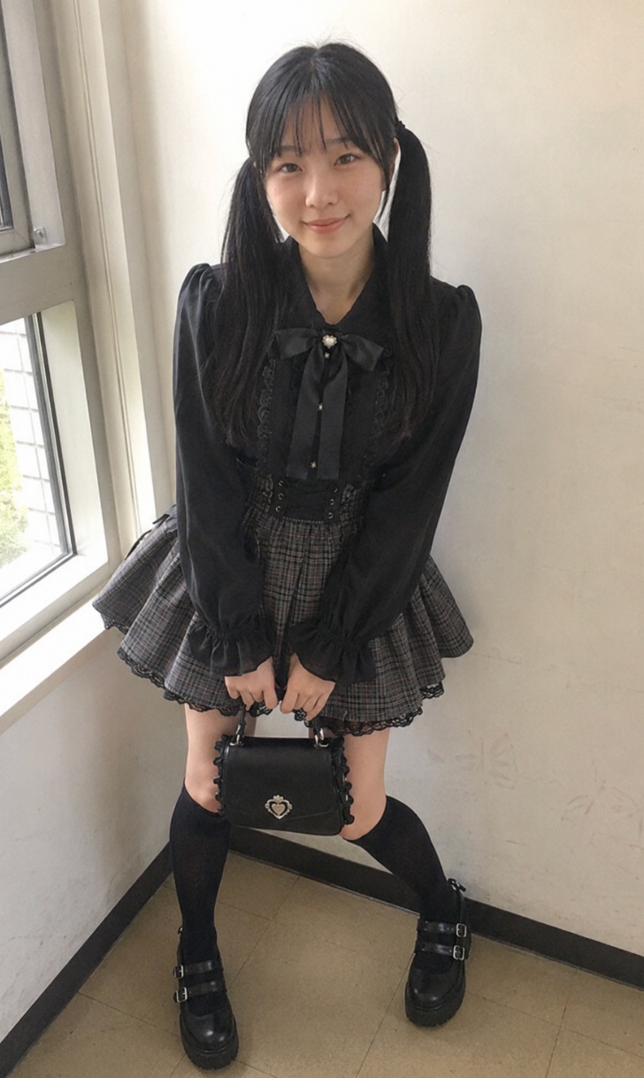 Source image for Gothic Lolita Girl Poses with Black Bag in Hallway Corner