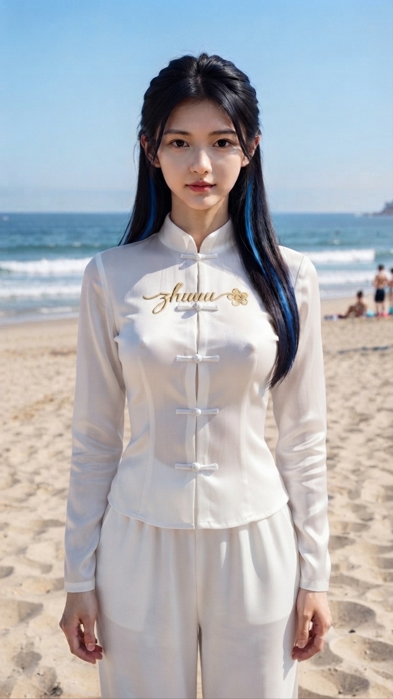 Source image for Serious Woman in White Outfit Reacting to Windy Beach Chaos