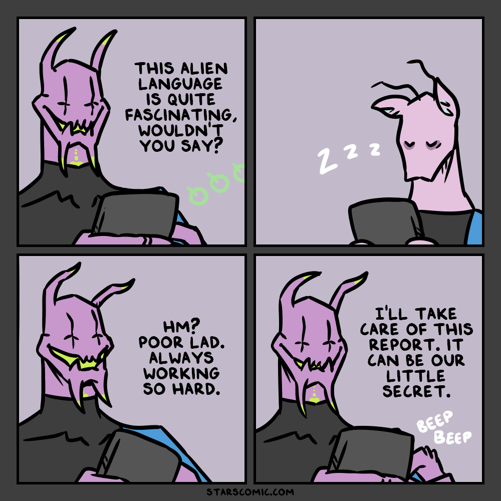 Source image for Purple Demon Alien Takes Over Sleeping Colleague's Report