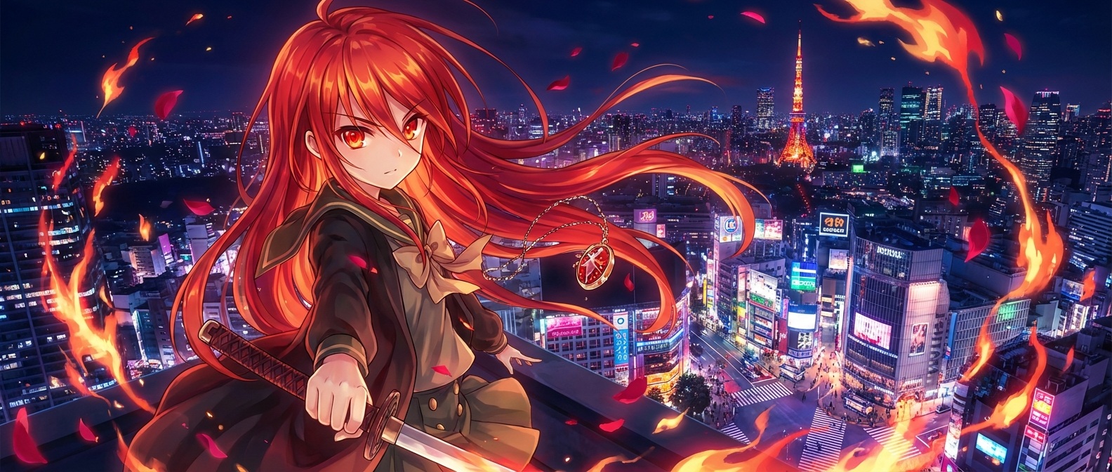 Source image for Red-haired Anime Warrior Draws Flame Sword Over Neon Tokyo at Night