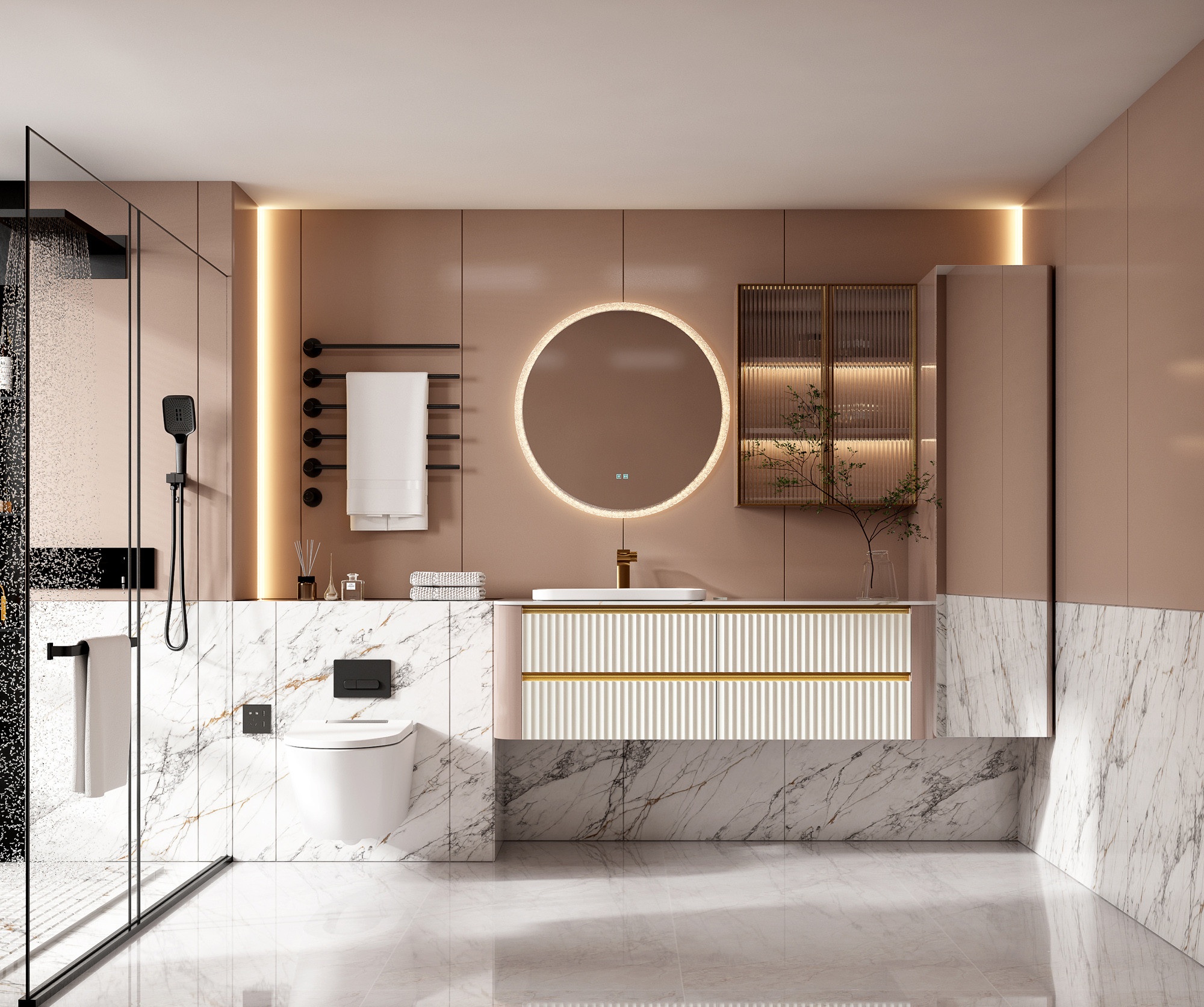 Source image for Luxury Pink Bathroom Interior with Marble and Gold Accents
