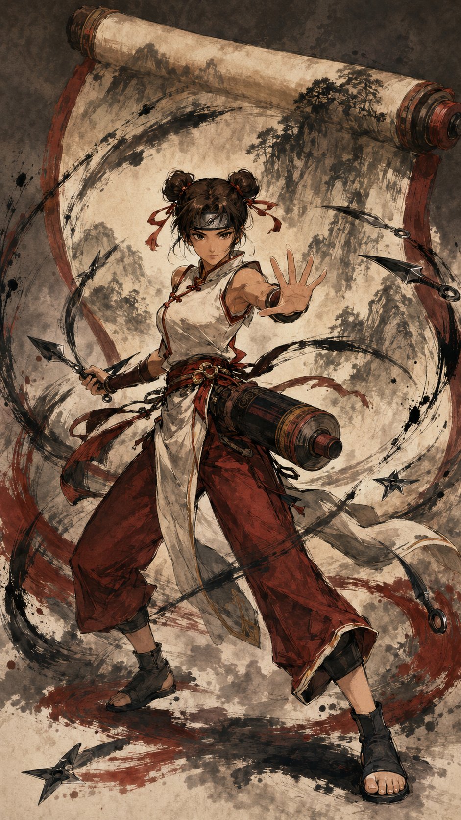 Source image for Ink Wash Ninja Girl Throws Kunai from Painted Scroll Background