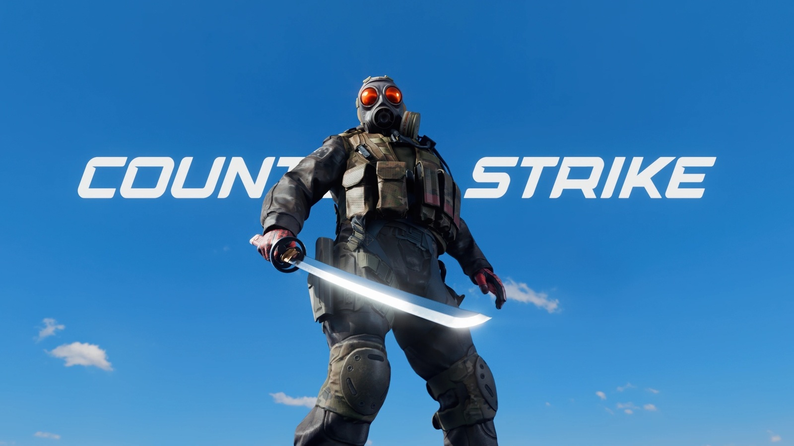 Source image for Gas Mask Soldier Twirling Glowing Katana Against Blue Sky