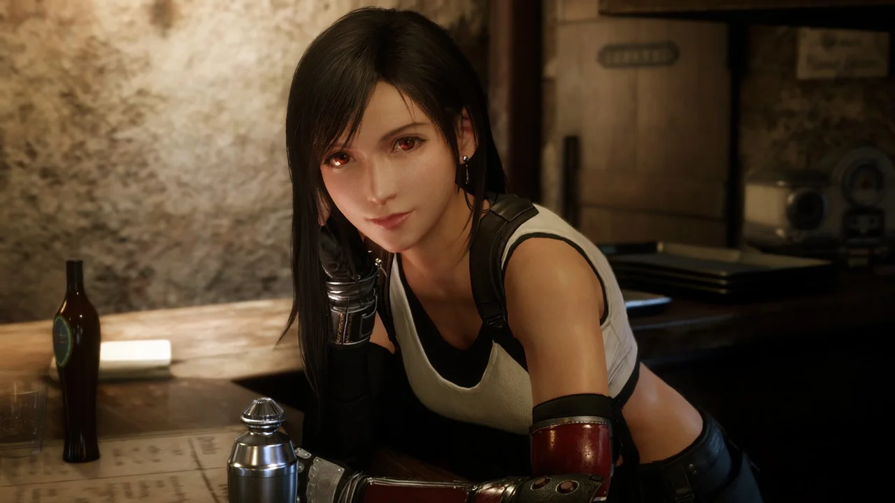 Source image for Fictional Barista Leans Forward with Playful Glance and Metallic Arm Detail