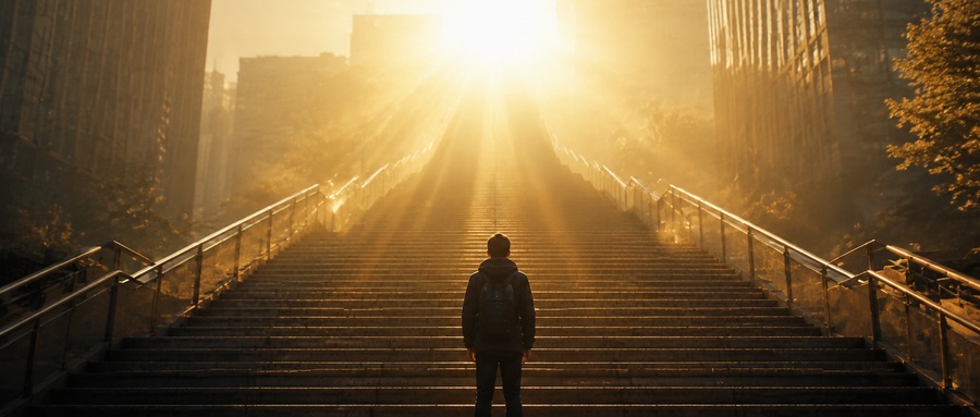 Source image for Silhouette Ascending Stairs Towards Blinding Golden Light