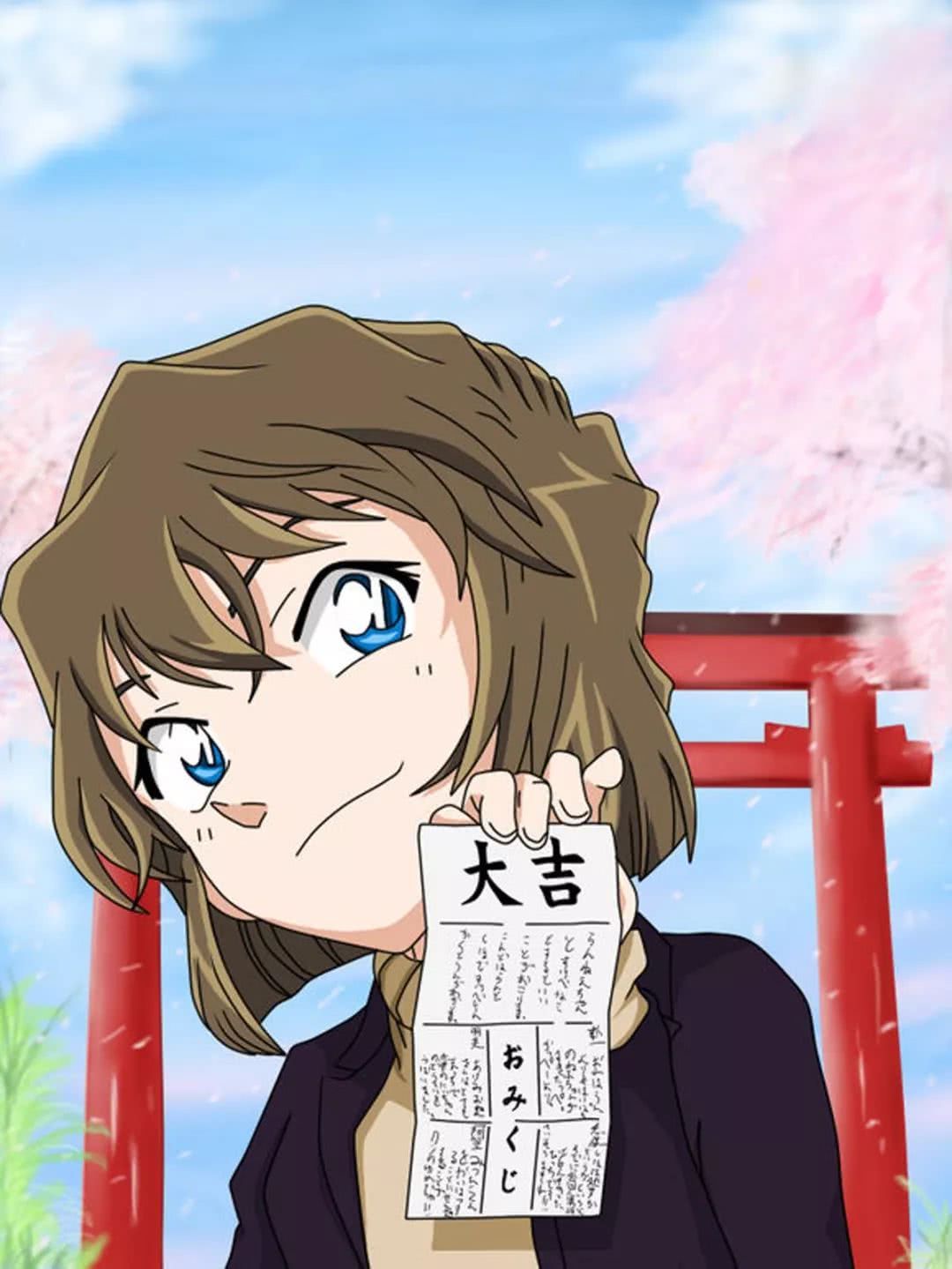 Source image for Skeptical Anime Girl Holds Up Lucky Fortune Slip at Shrine