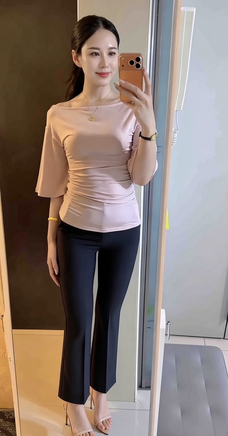Source image for Woman in Pink Top Striking a Confident Mirror Selfie Pose