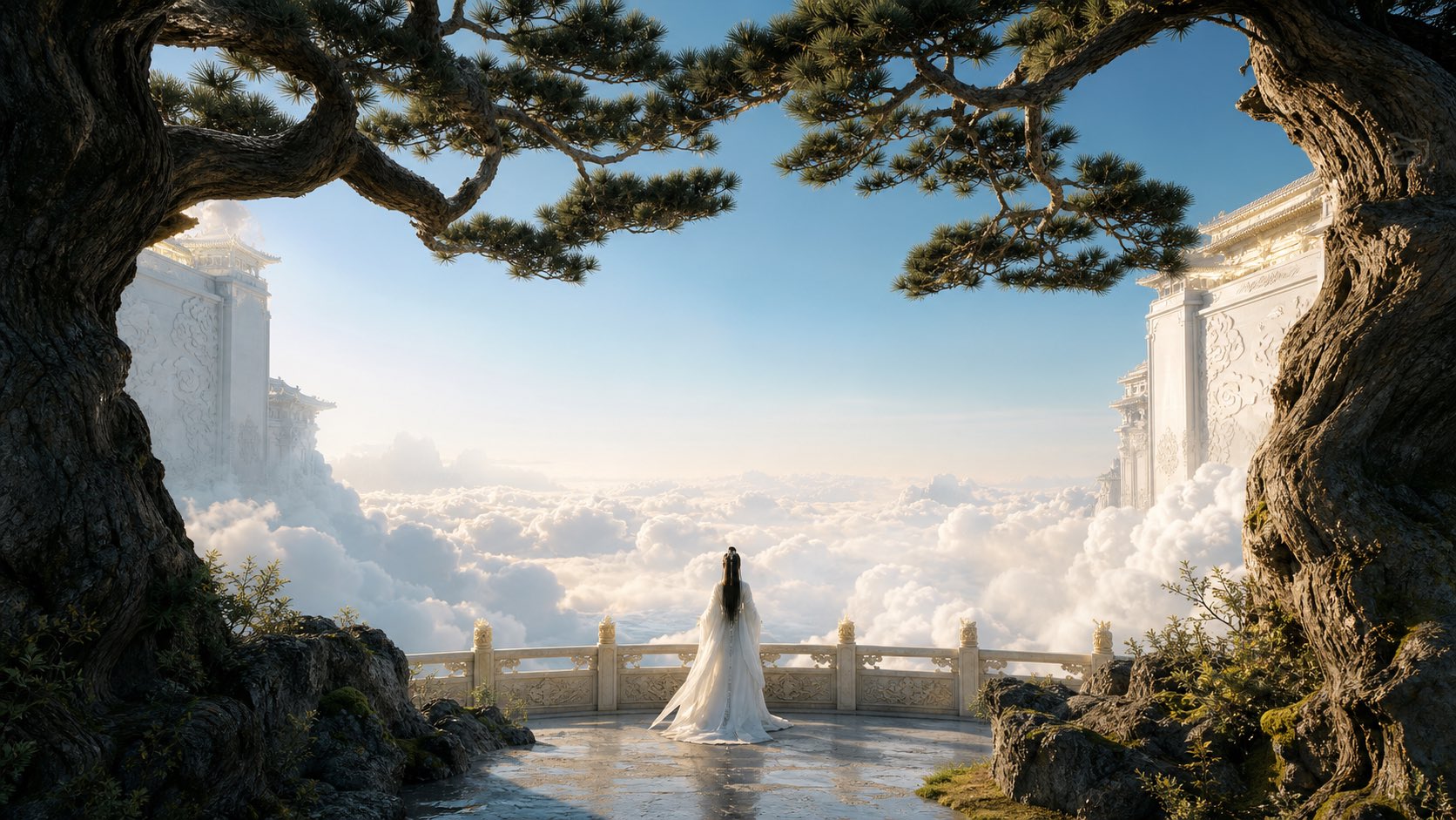 Source image for Mystical Figure Overlooking Cloud Sea With Wind Blowing Robes And Trees