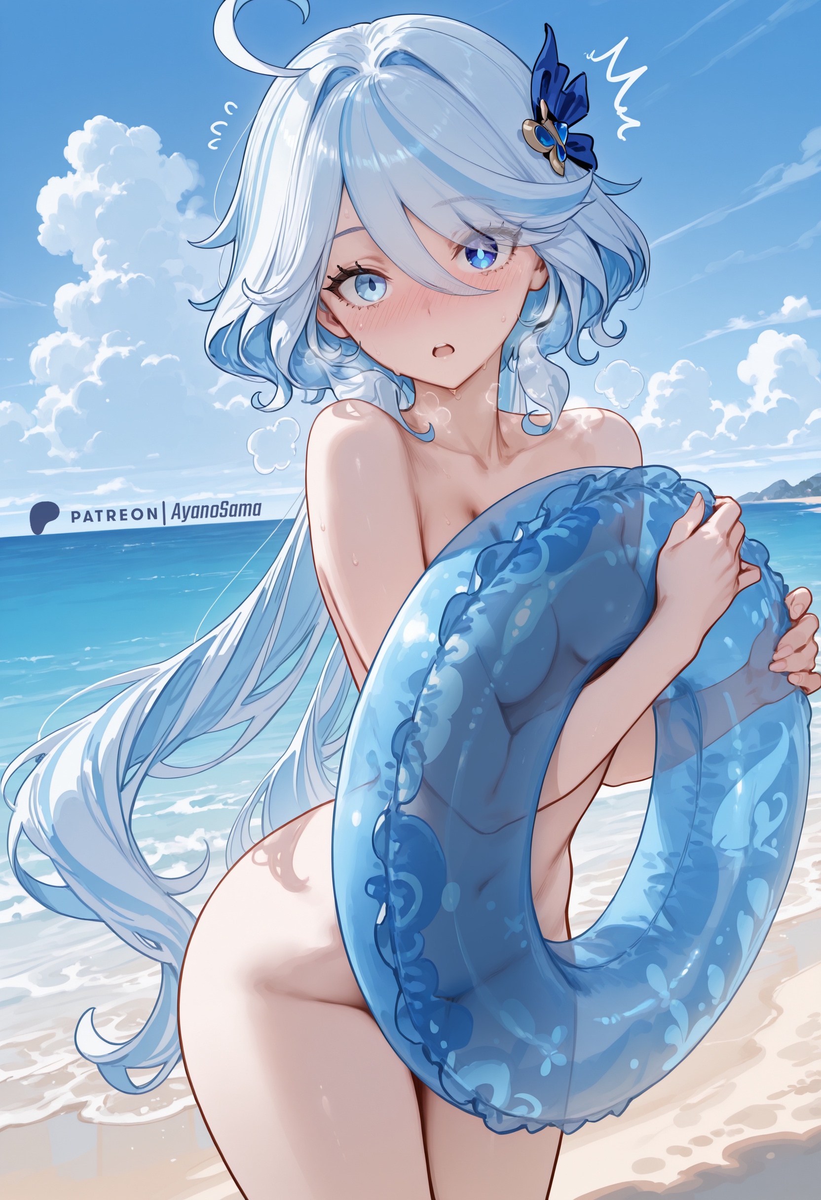 Source image for Blushing Anime Girl Clutches Blue Floatie on Sunny Beach