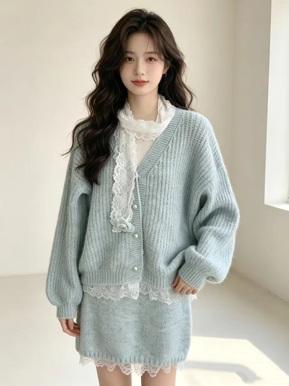 Source image for Soft Blue Knit Outfit Comes to Life with Gentle Wind and Pose Shift