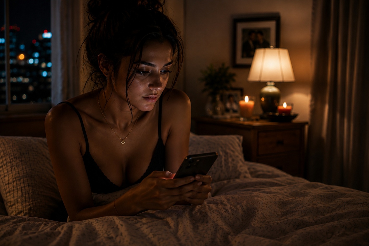Source image for Woman Reads Message on Phone in Dimly Lit Bedroom at Night