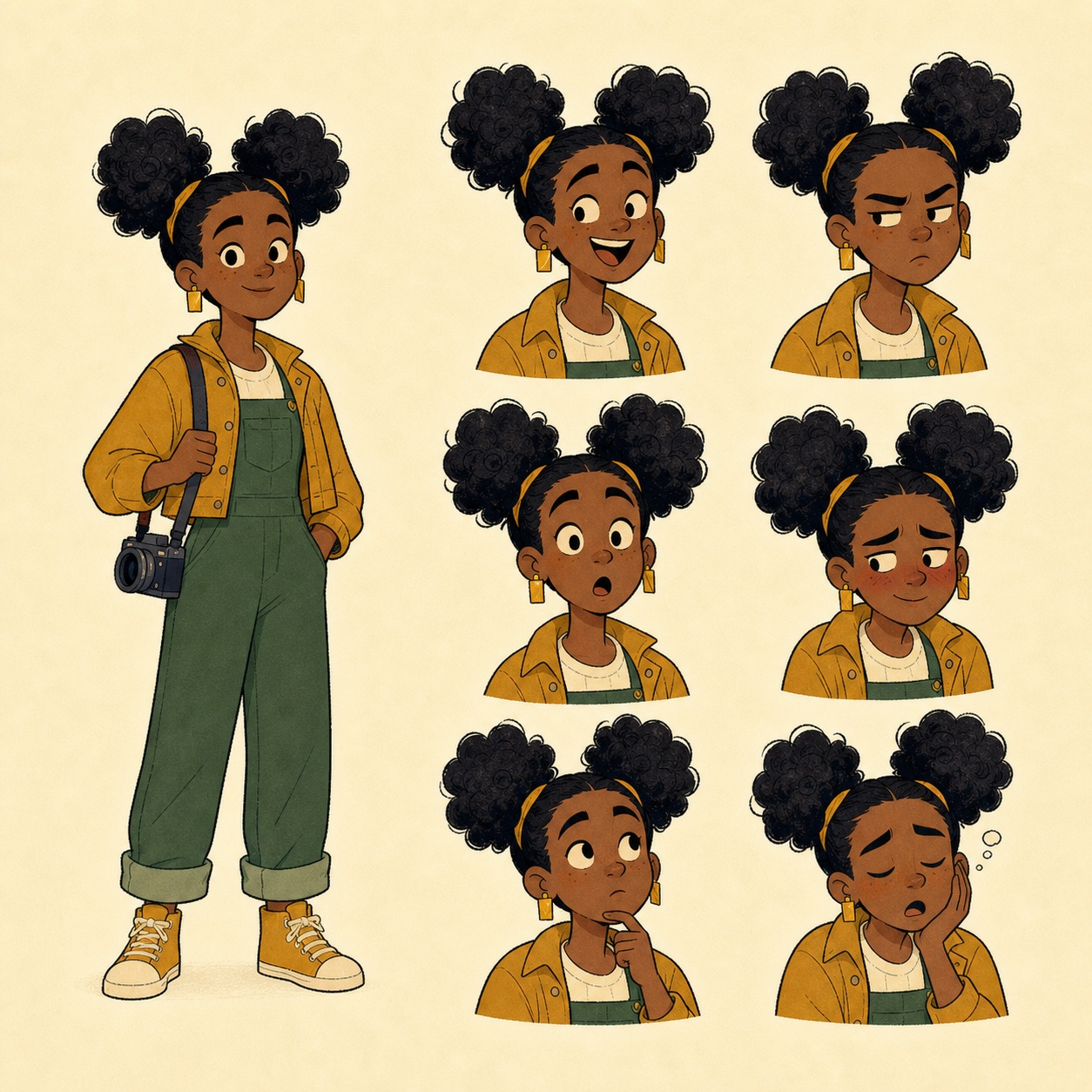 Source image for Animated Character Sheet Showing Six Expressions of a Girl with Camera