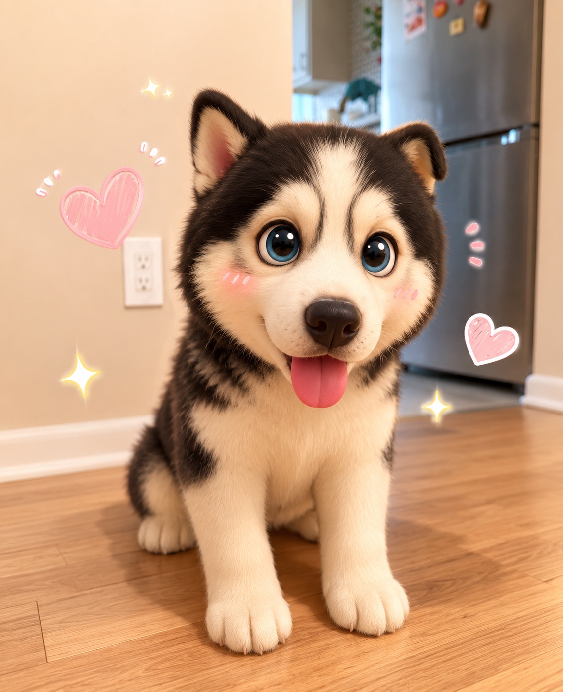 Source image for Adorable Husky Puppy Rounding the Room with Floating Hearts