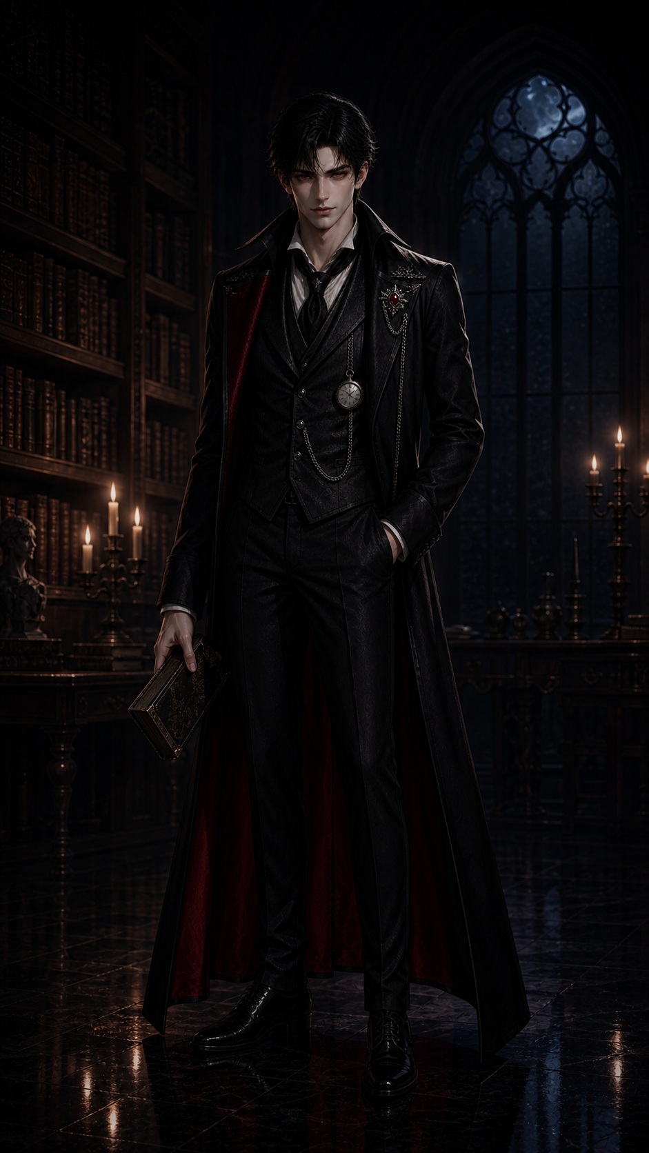 Source image for Gothic Vampire Lord Stands Solemnly in Candlelit Library