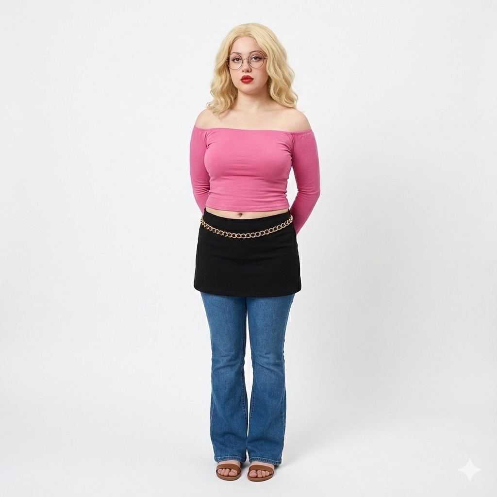 Source image for Serious Model Stares at Camera Wearing Skirt Over Jeans