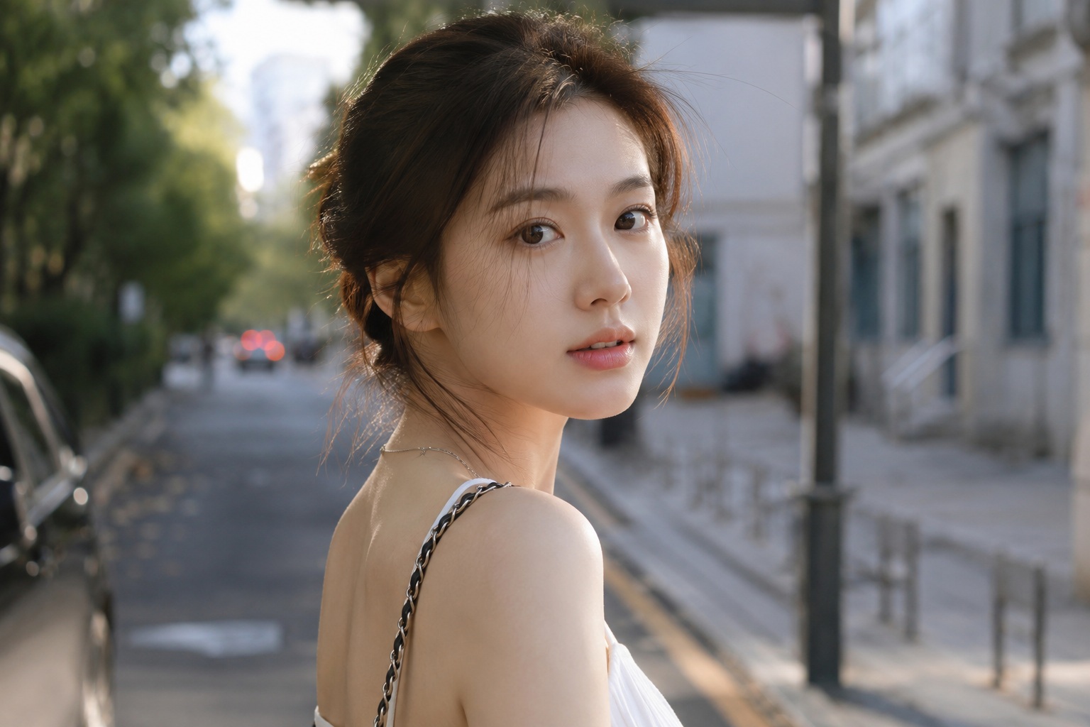 Source image for Woman Glancing Back Over Shoulder on Sunny City Street