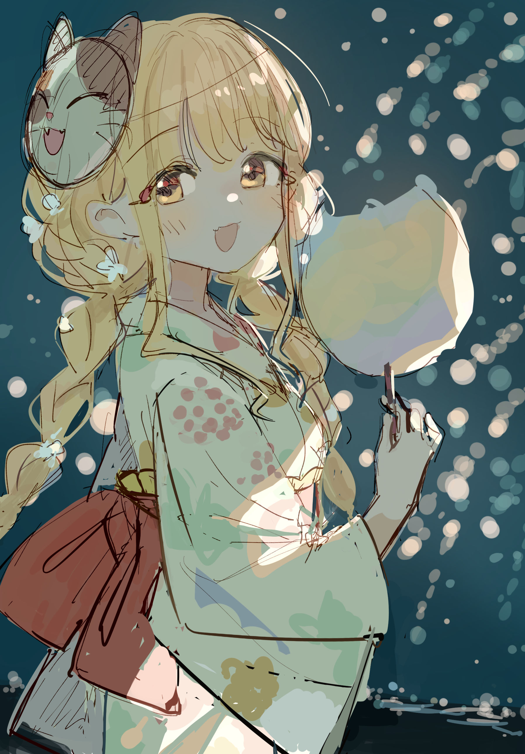 Source image for Anime Girl with Cotton Candy and Happy Cat at Night Festival