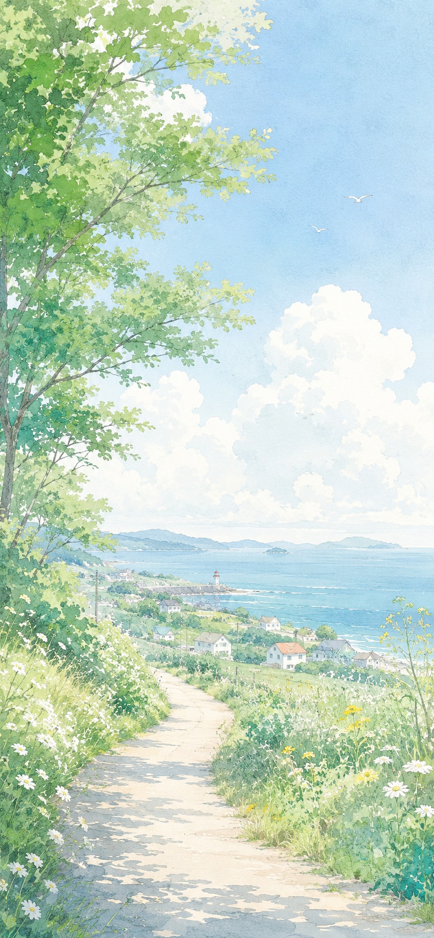 Source image for Watercolor Coastal Path Swaying in Breeze Towards Lighthouse