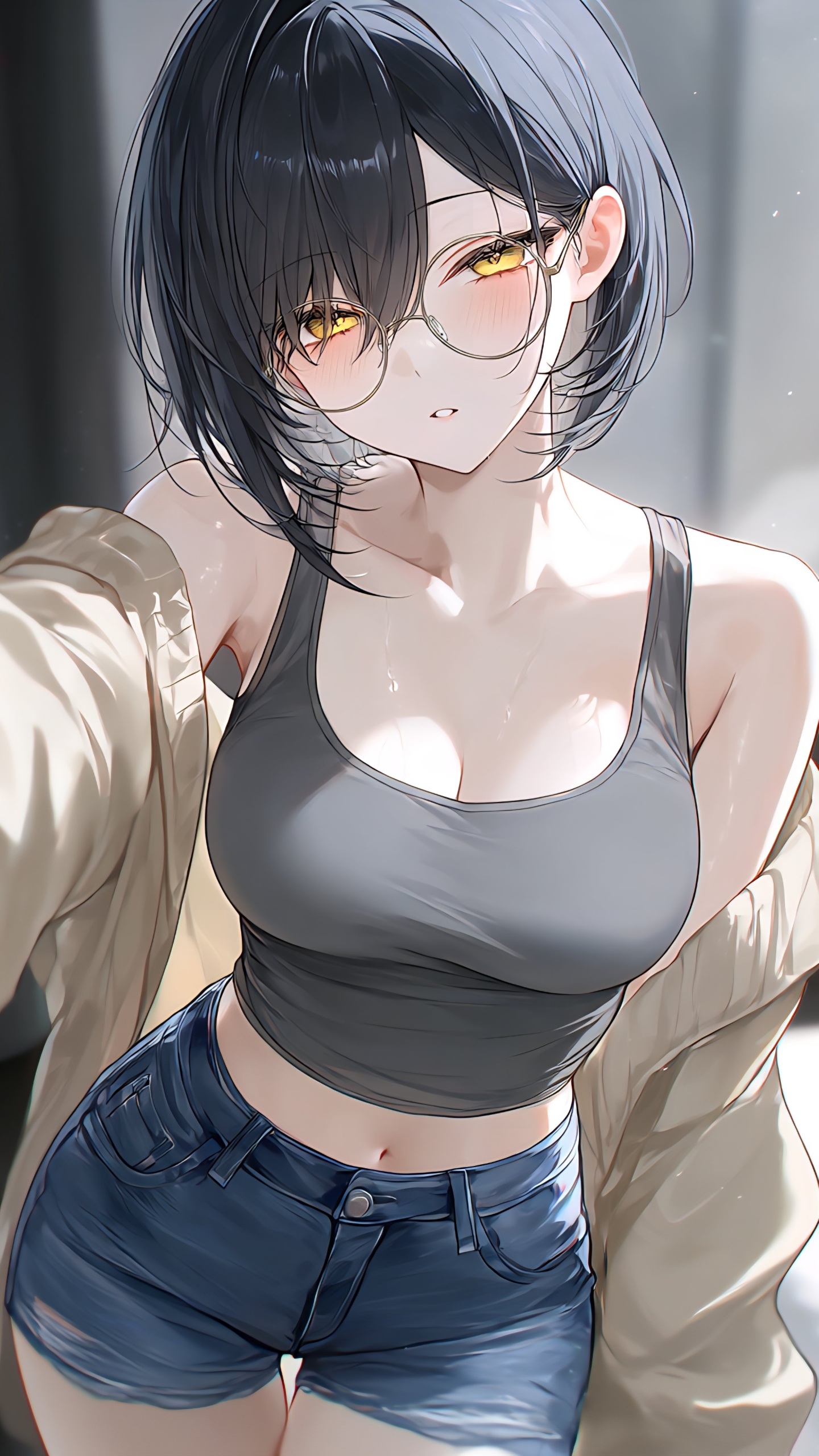 Source image for Blushing Anime Girl with Glasses Adjusts Her Staring