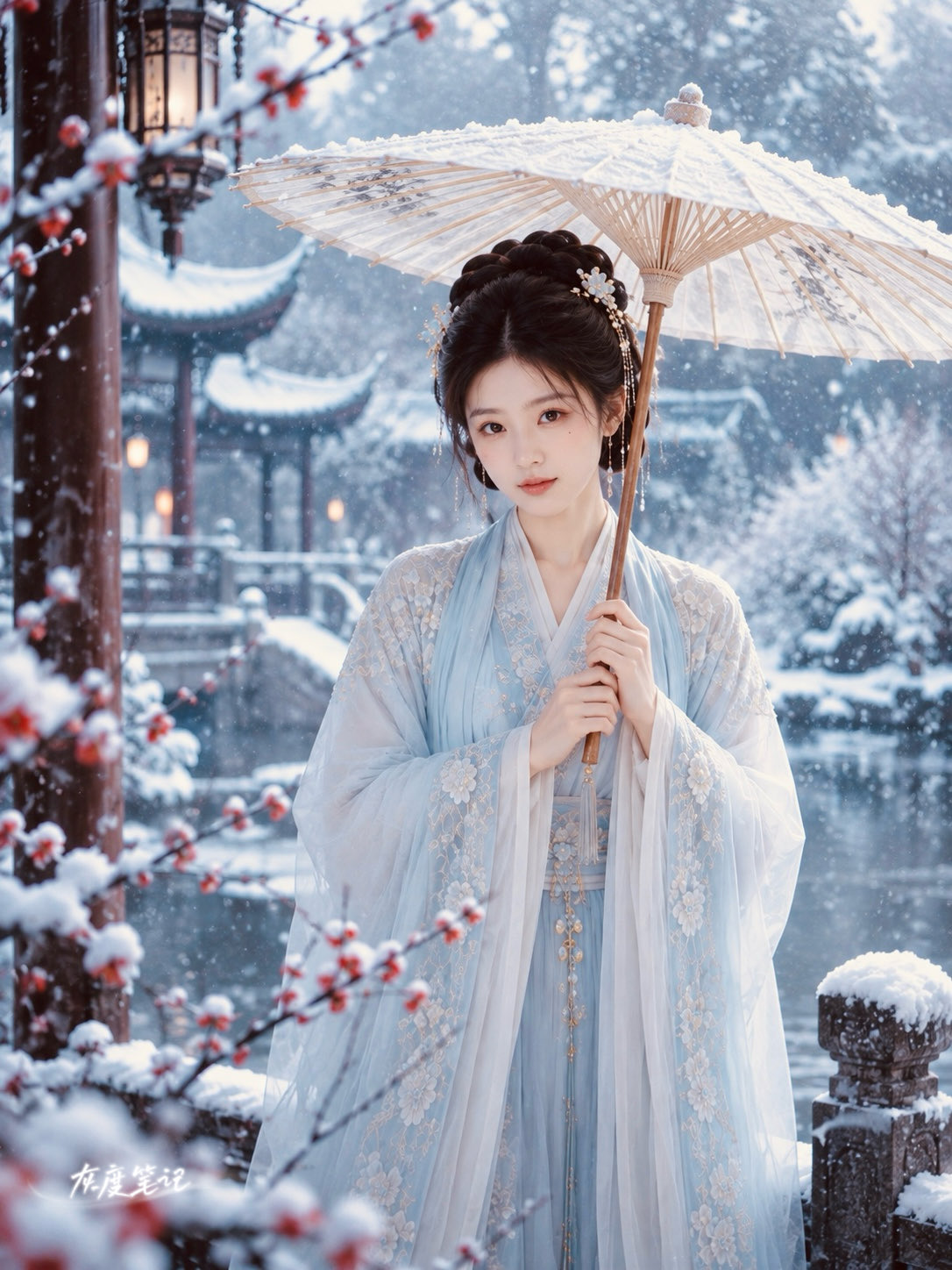 Source image for Serene Hanfu Woman Shaking Snow from Umbrella in Winter Garden