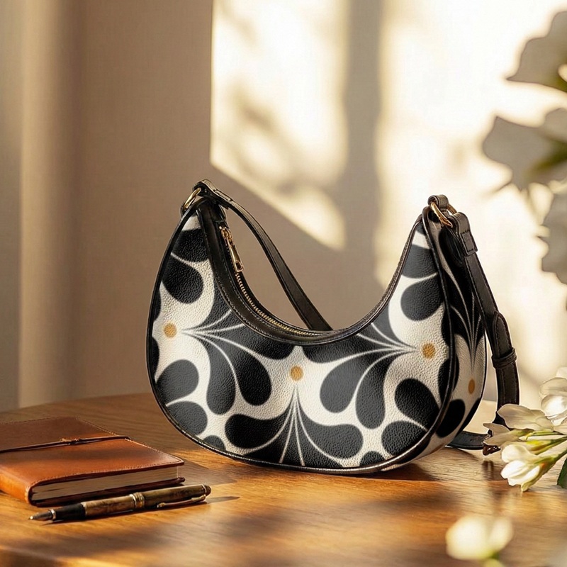 Source image for Retro Patterned Handbag Bouncing on Sunlit Wooden Desk