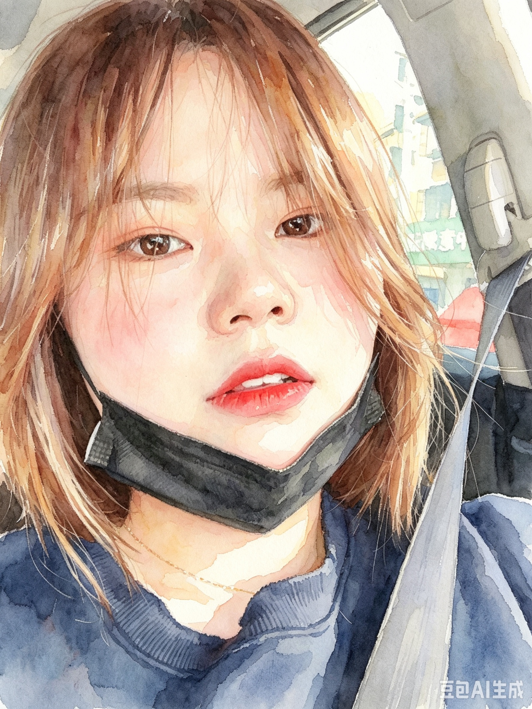 Source image for Watercolor Portrait Girl Pulls Mask Down in Car