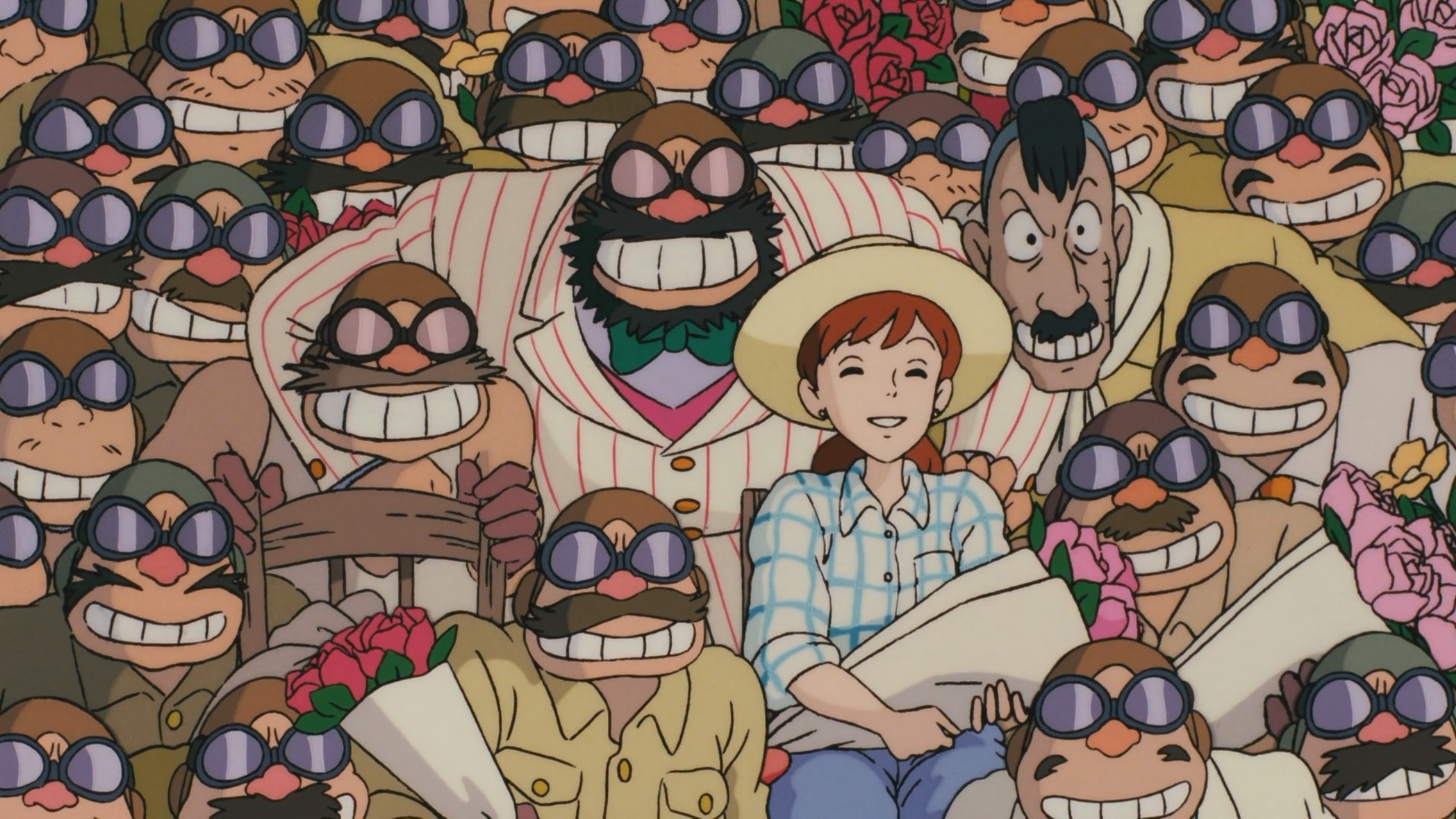 Source image for Woman Surrounded by Enthusiastic Bearded Men in Animated Crowd Scene