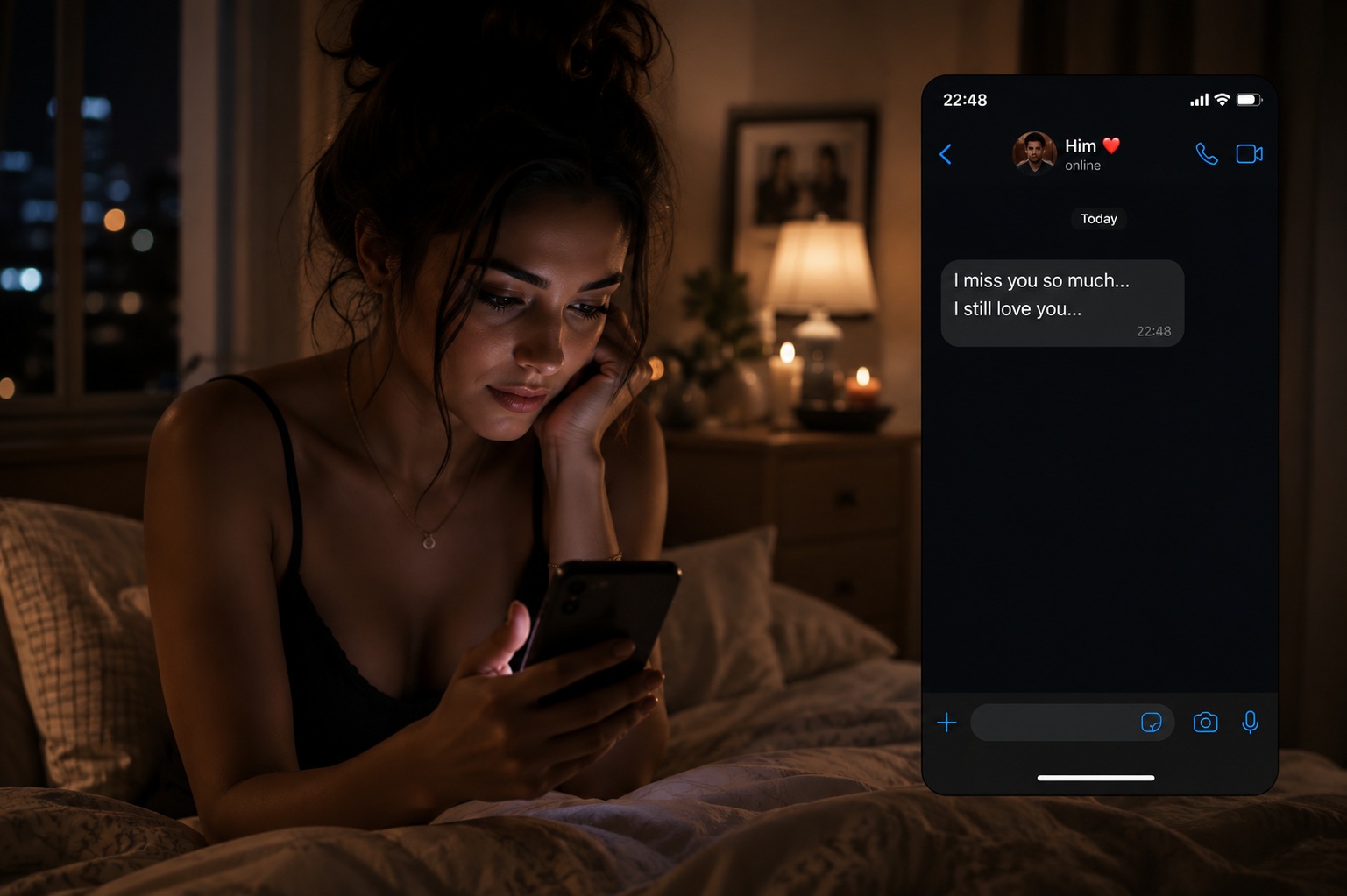 Source image for Cinematic Night Scene Woman Reads Emotional Message from Ex