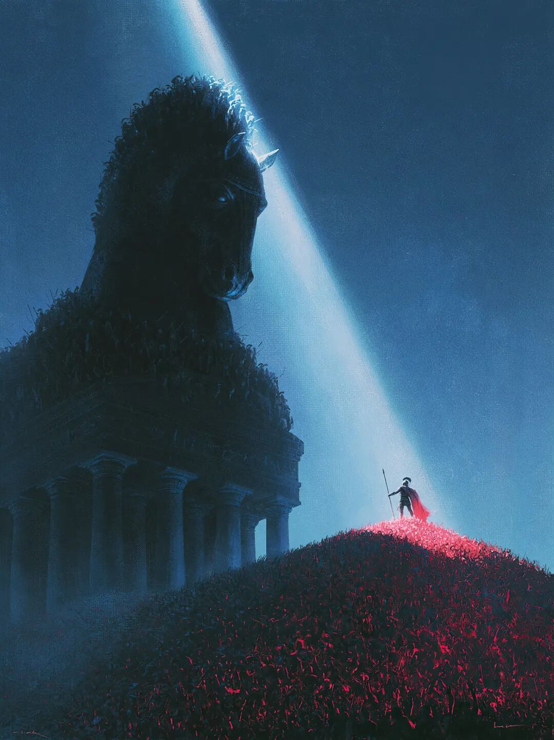 Source image for Lone Warrior Faces Giant Wooden Horse Under Blue Beam
