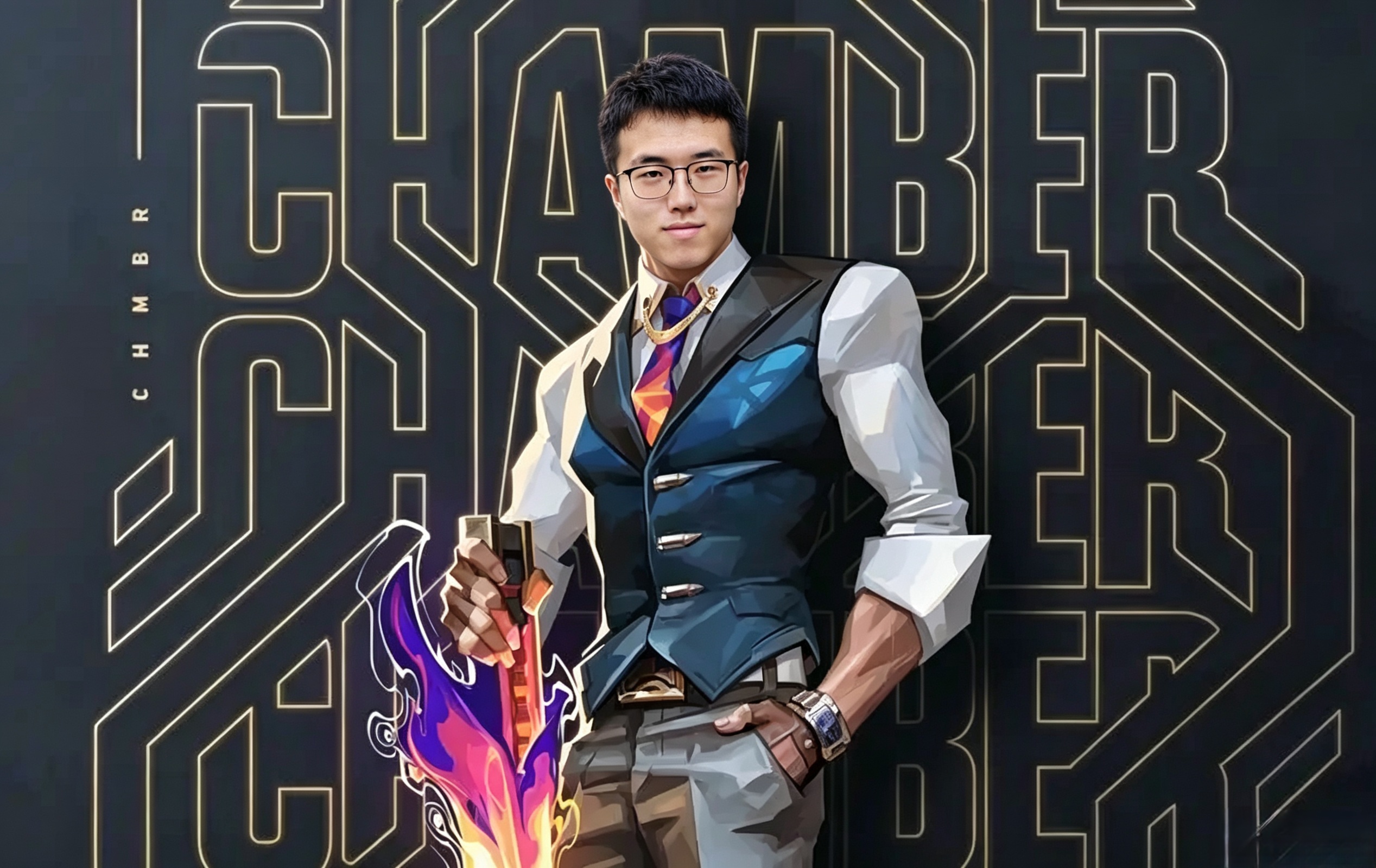 Source image for Stylized Character Holds Glowing Fantasy Sword Against Neon Text Background