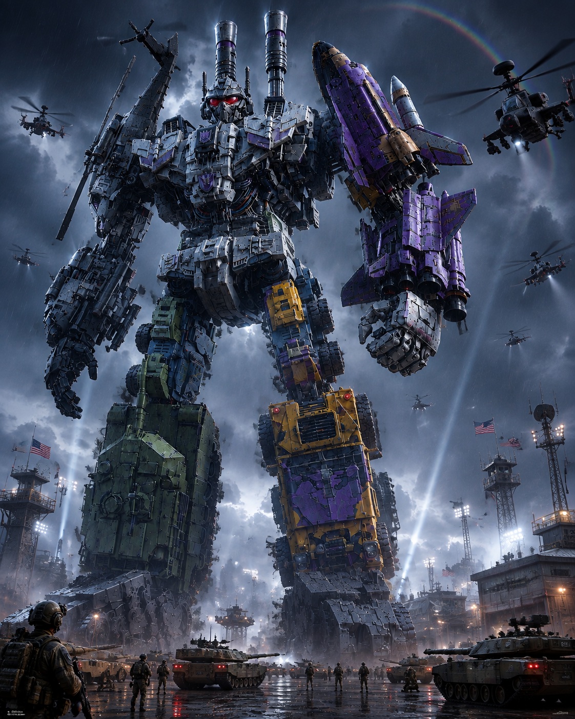 Source image for Giant Decepticon Robot Stands Over Military Base in Rainy Storm