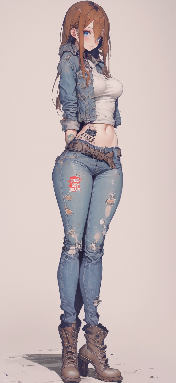 Source image for Anime Girl in Ripped Jeans and Denim Jacket Standing Pose