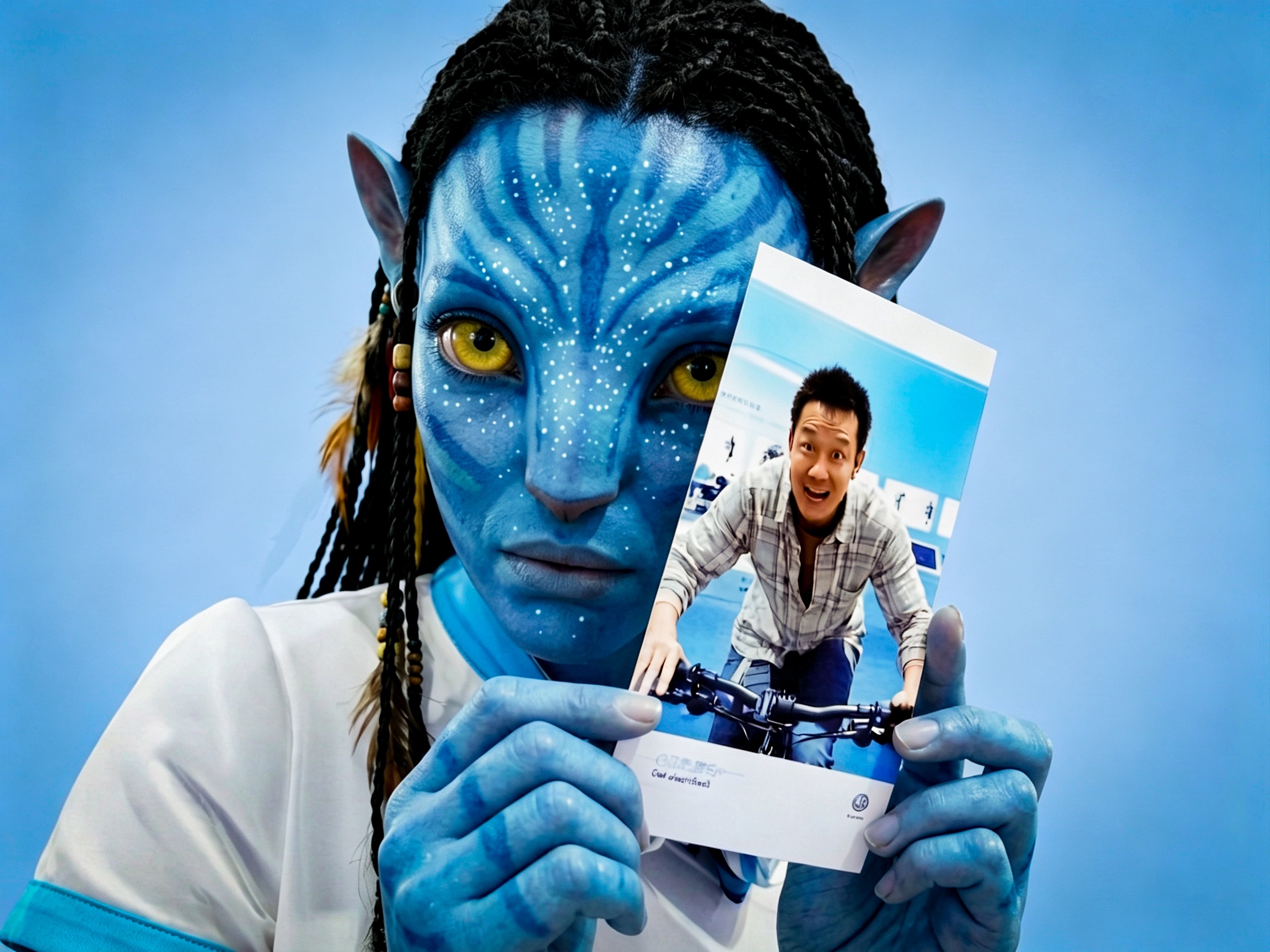 Source image for Blue Avatar Cosplayer Reacts to Man on Bicycle Photo