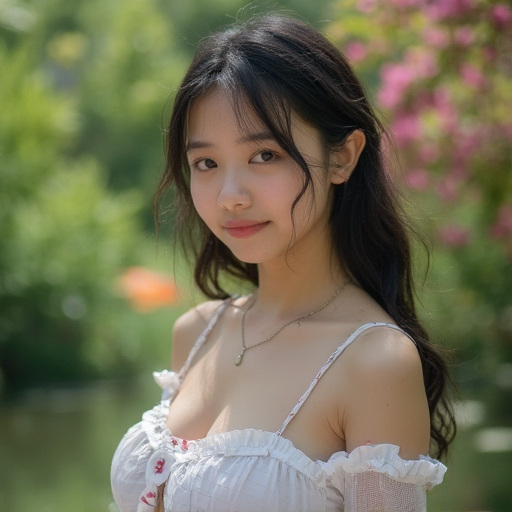Source image for Garden Portrait Girl Winks and Tilt Head Playfully in Sunlight
