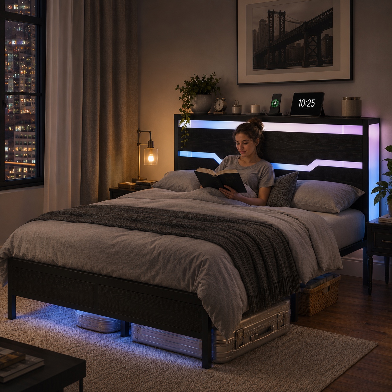 Source image for Woman Reading in Bed with Suitcase Underneath