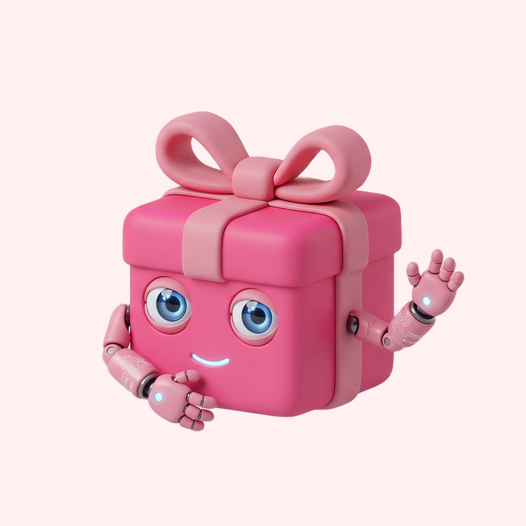 Source image for Pink Gift Box Robot Waving with Excited Blink