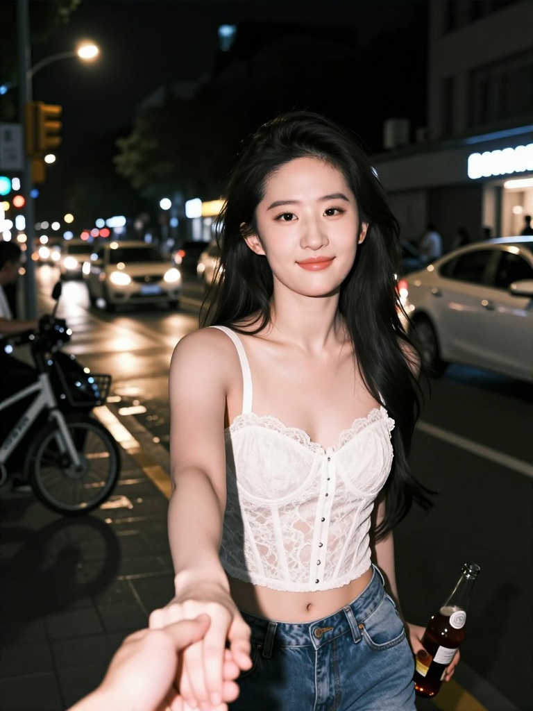 Source image for Girl Leaning In From Night Street To Kiss Camera Lens