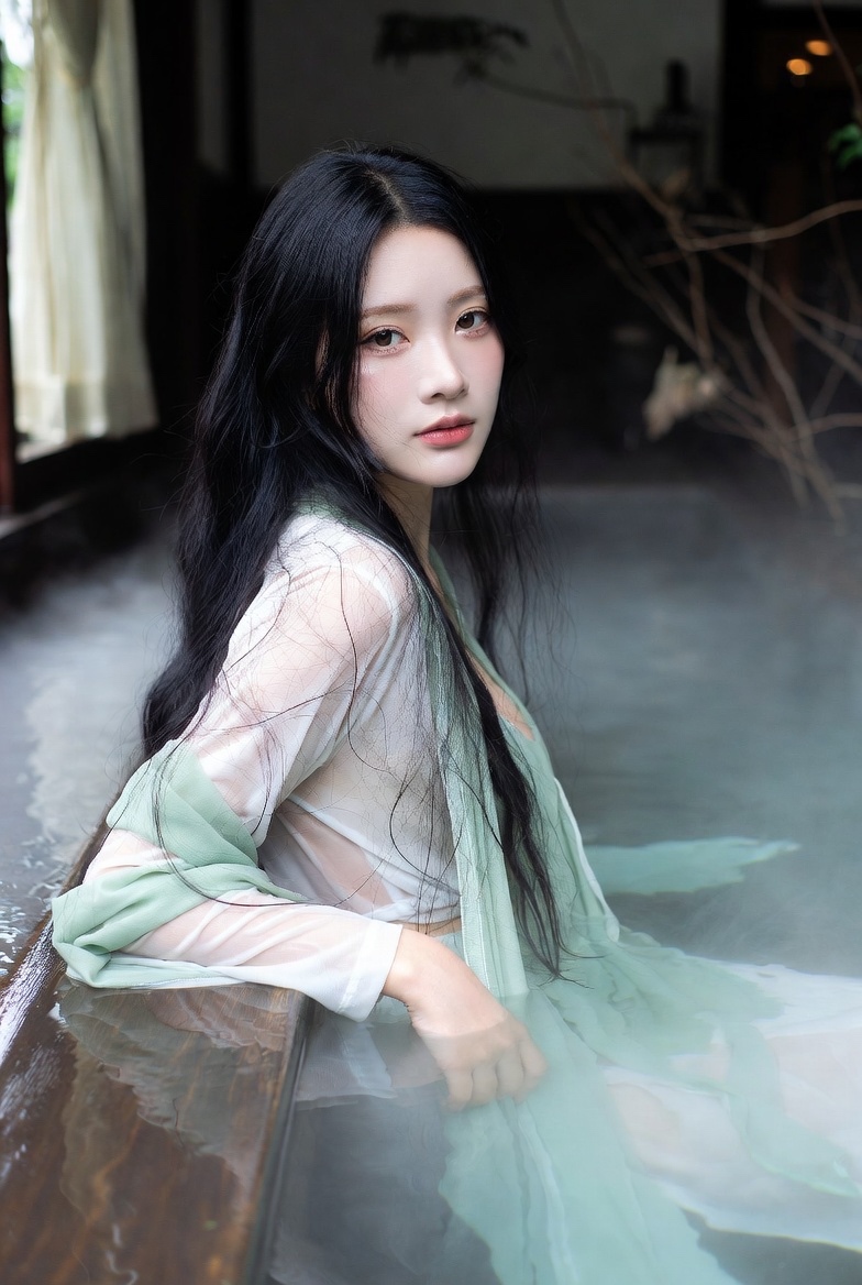 Source image for Mystical Woman in Misty Water Wearing Sheer Green Robe