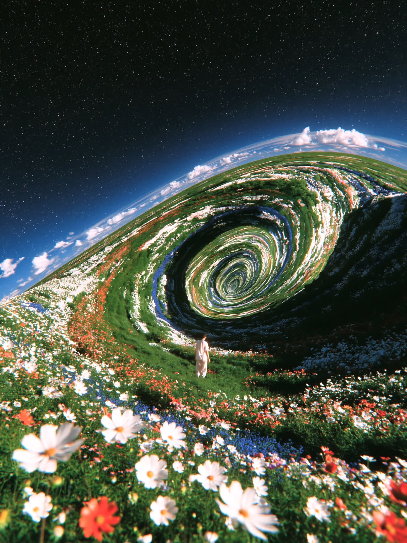 Source image for Surreal Vortex Landscape and Solitary Walker in Flower Field