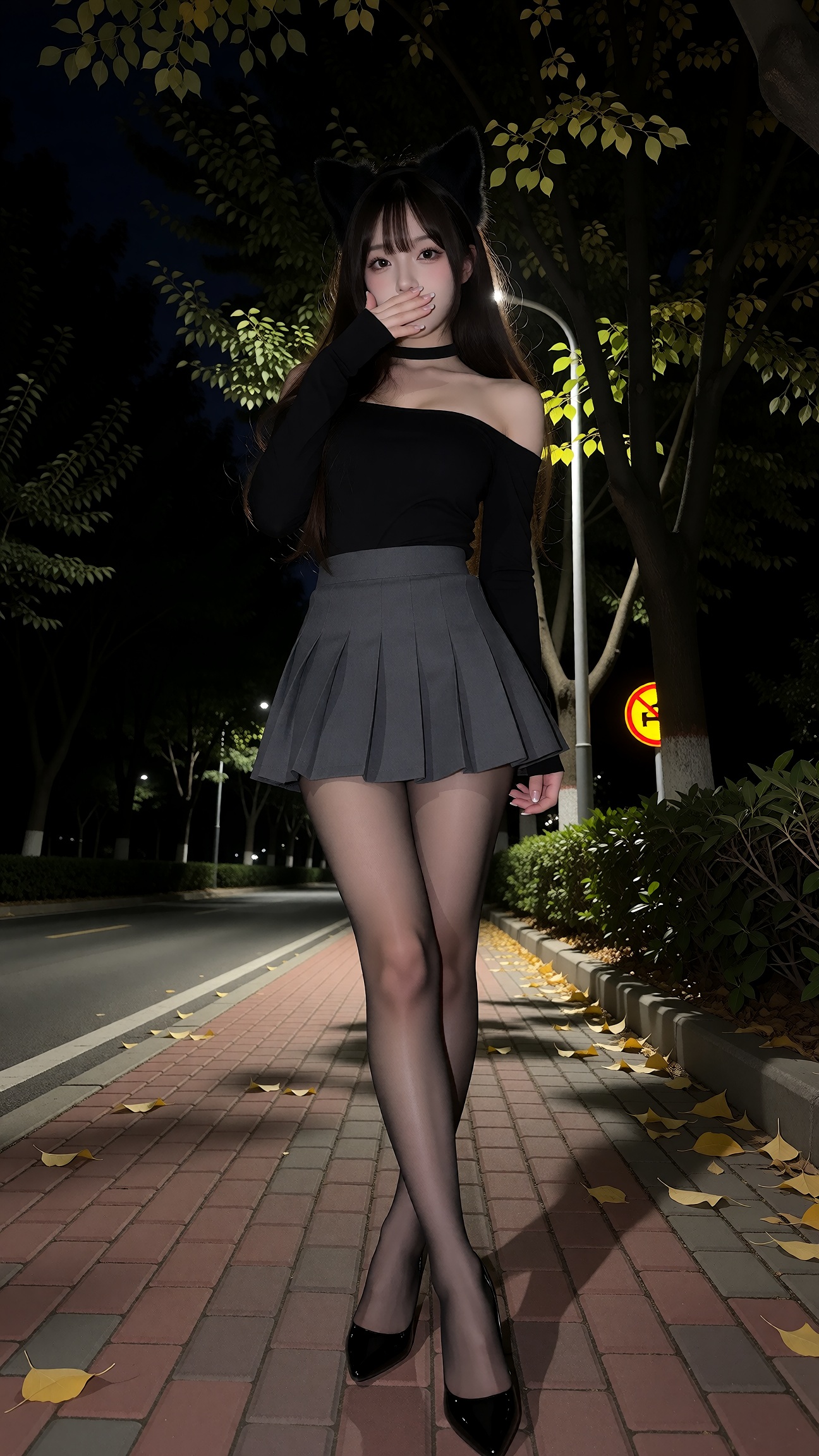 Source image for Shy Girl Posing on Night Street with Flashing Camera Lights