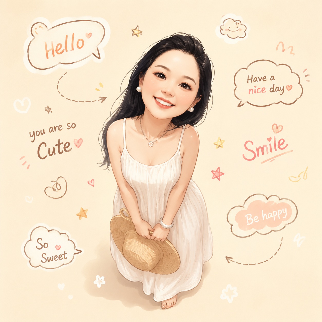Source image for Cute Illustrated Girl Waving with Floating Positive Speech Bubbles