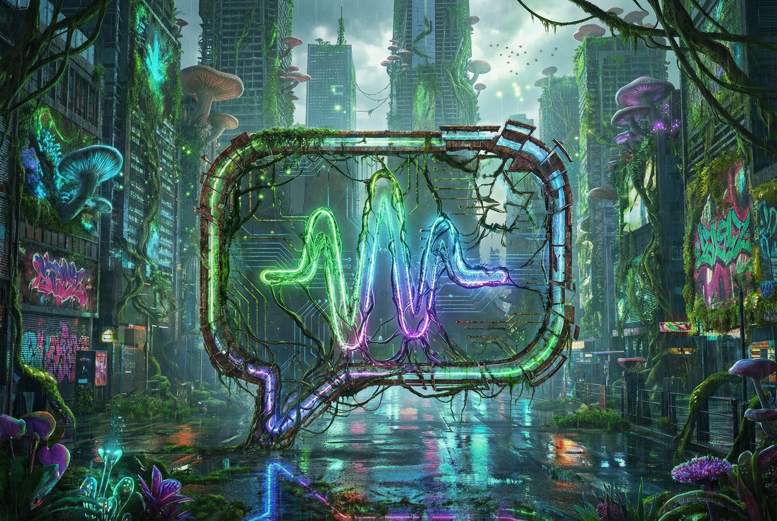 Source image for Neon Speech Bubble Overgrown by Giant Mushrooms in Cyberpunk Rain