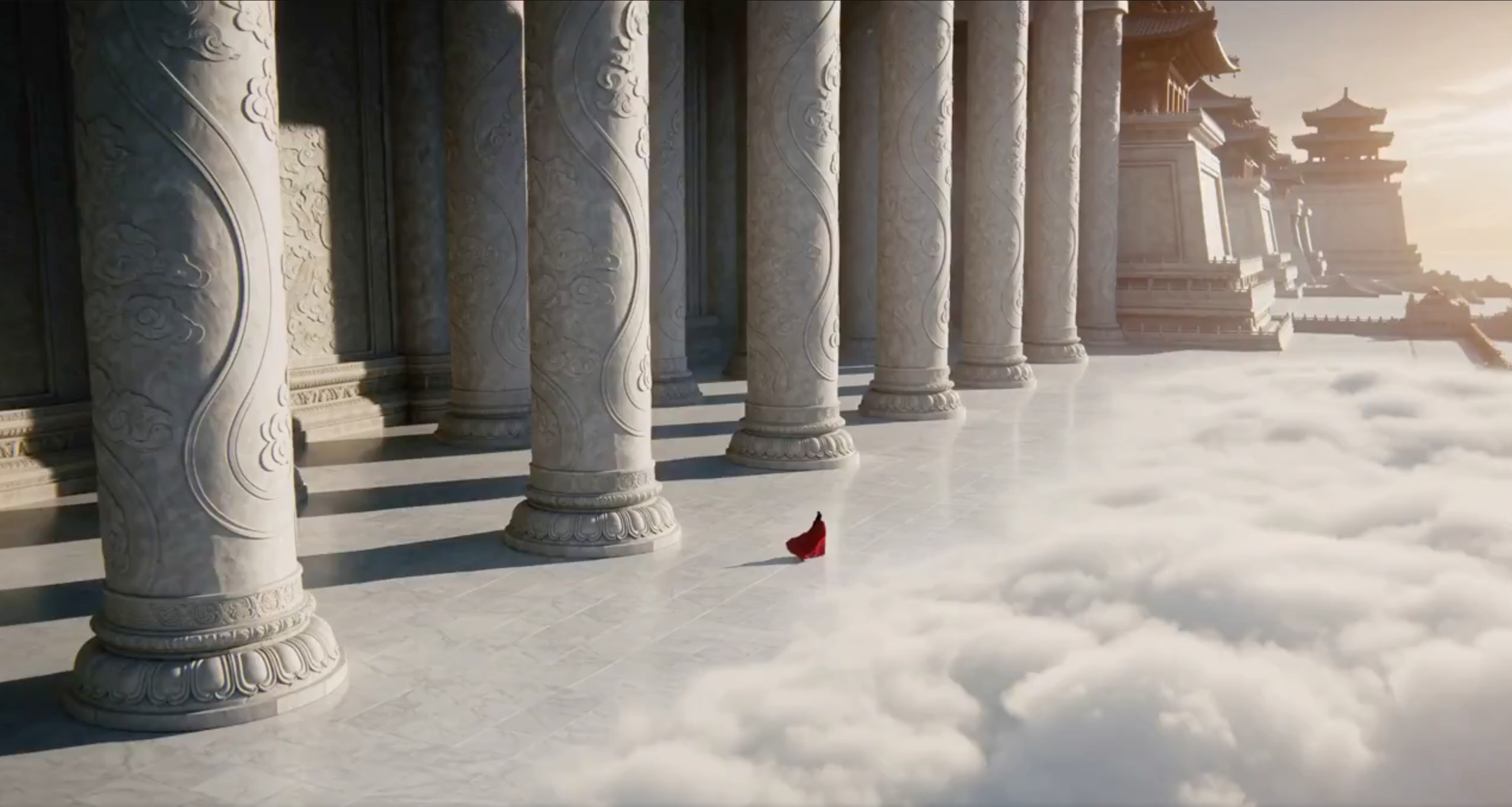 Source image for Tiny Red Figure Walking Among Giant Celestial Pillars Above Clouds