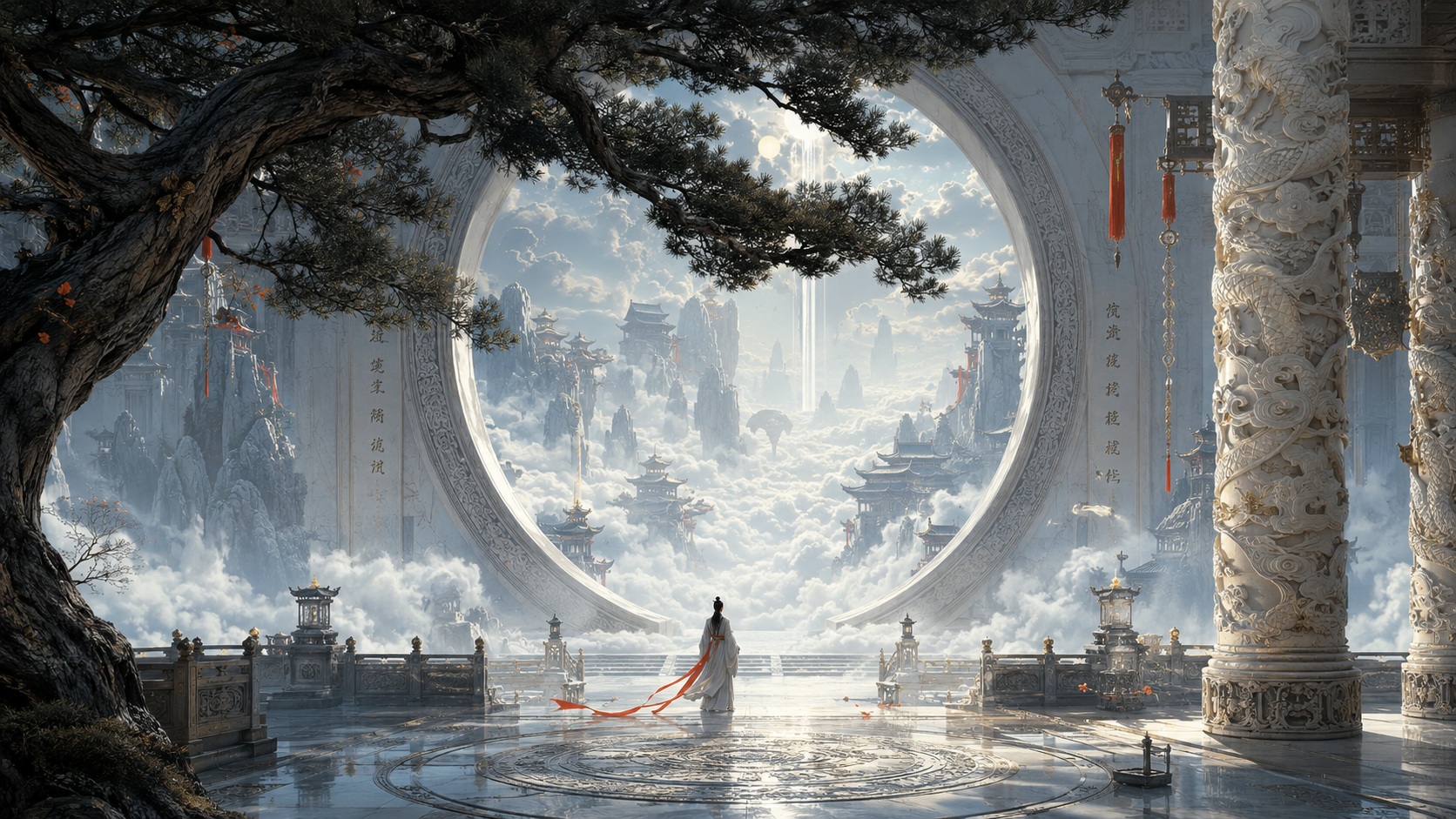 Source image for Slow Dolly Back Reveals Celestial Palace Scale and Solitary Figure
