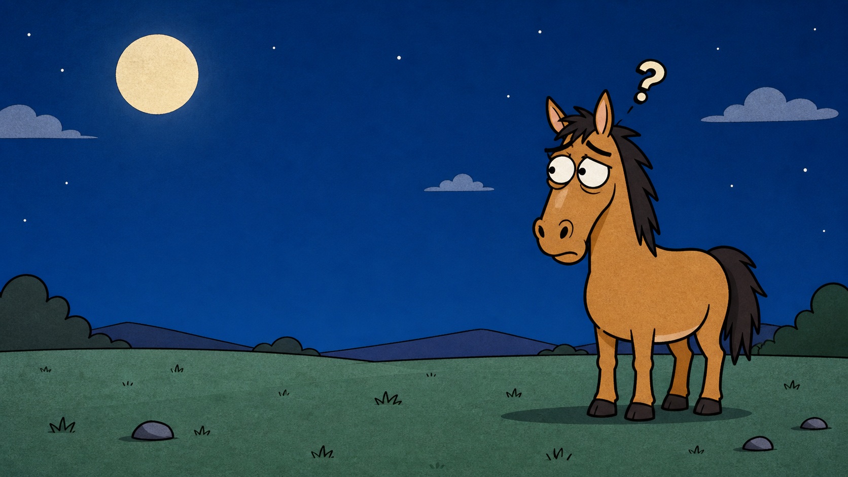 Source image for Confused Cartoon Horse Staring at Question Mark Under Moonlight