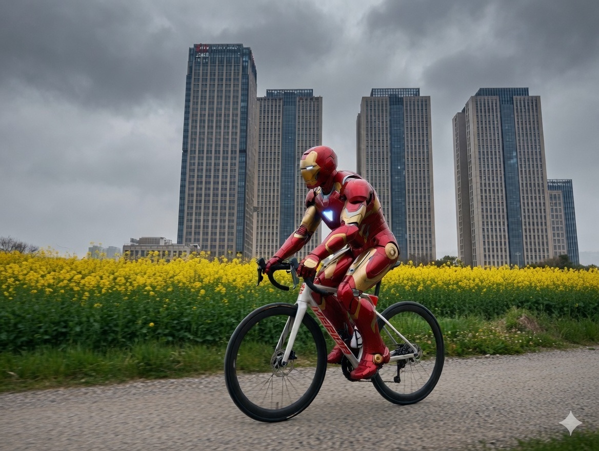 Source image for Iron Man Cruising Through Rapeseed Fields on a Road Bike