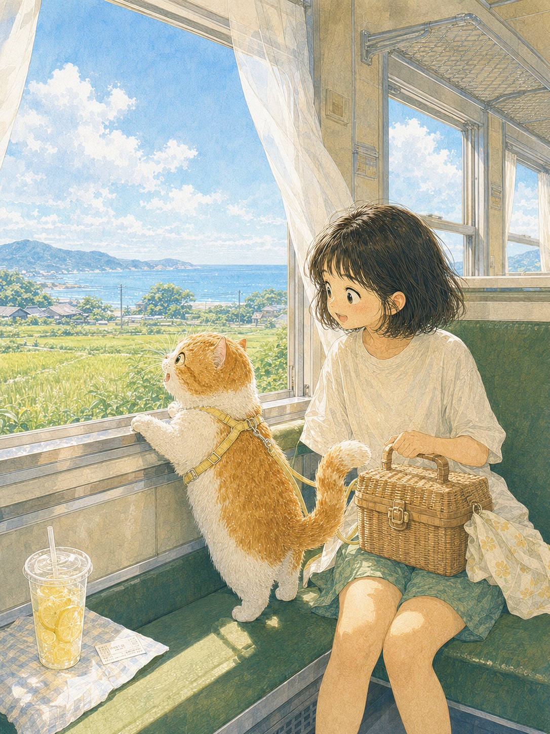 Source image for Anime Girl and Cat Admiring Coastal Scenery from Train Window