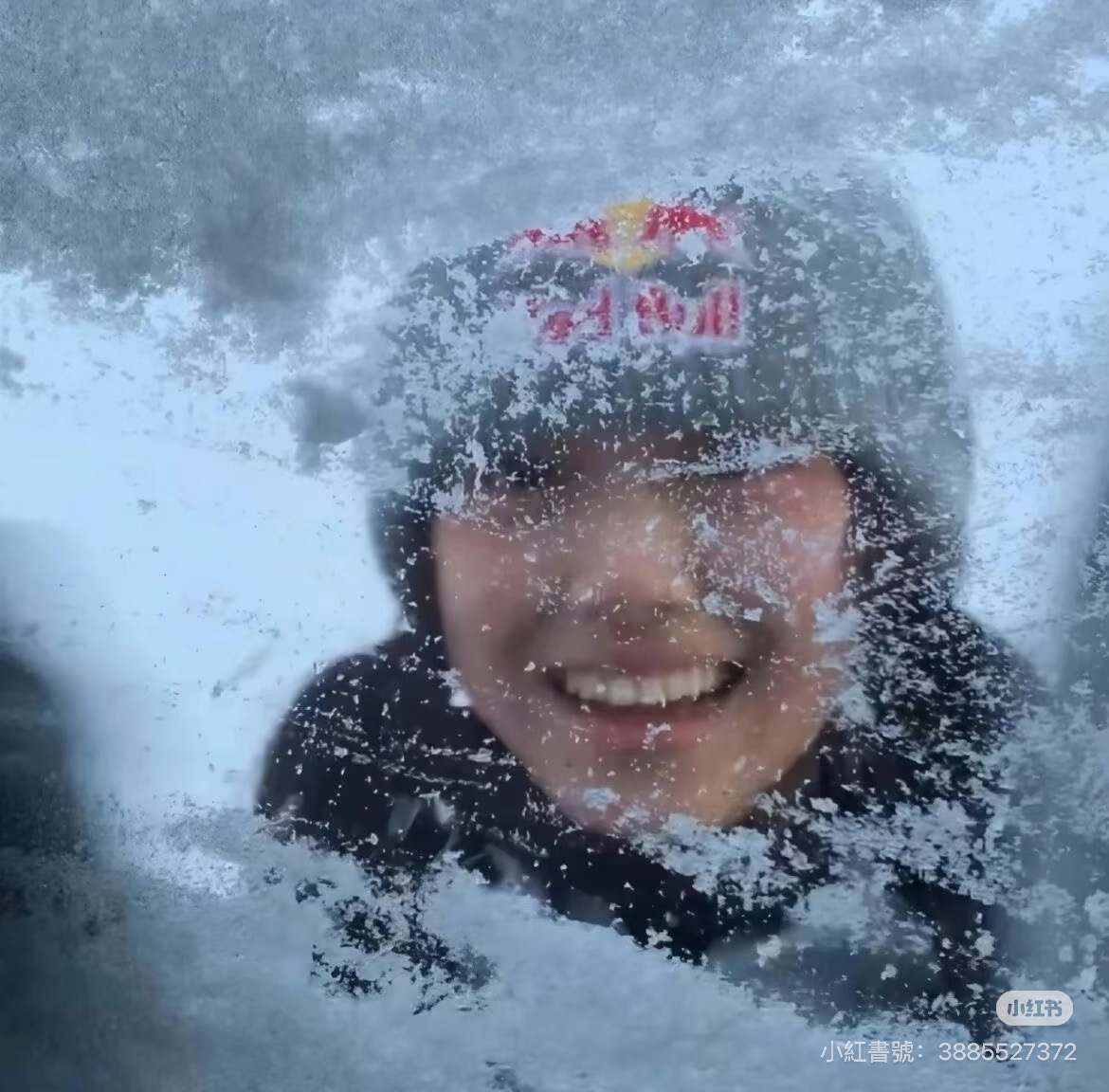 Source image for Smiling Face Behind Frosty Glass with Red Bull Beanie