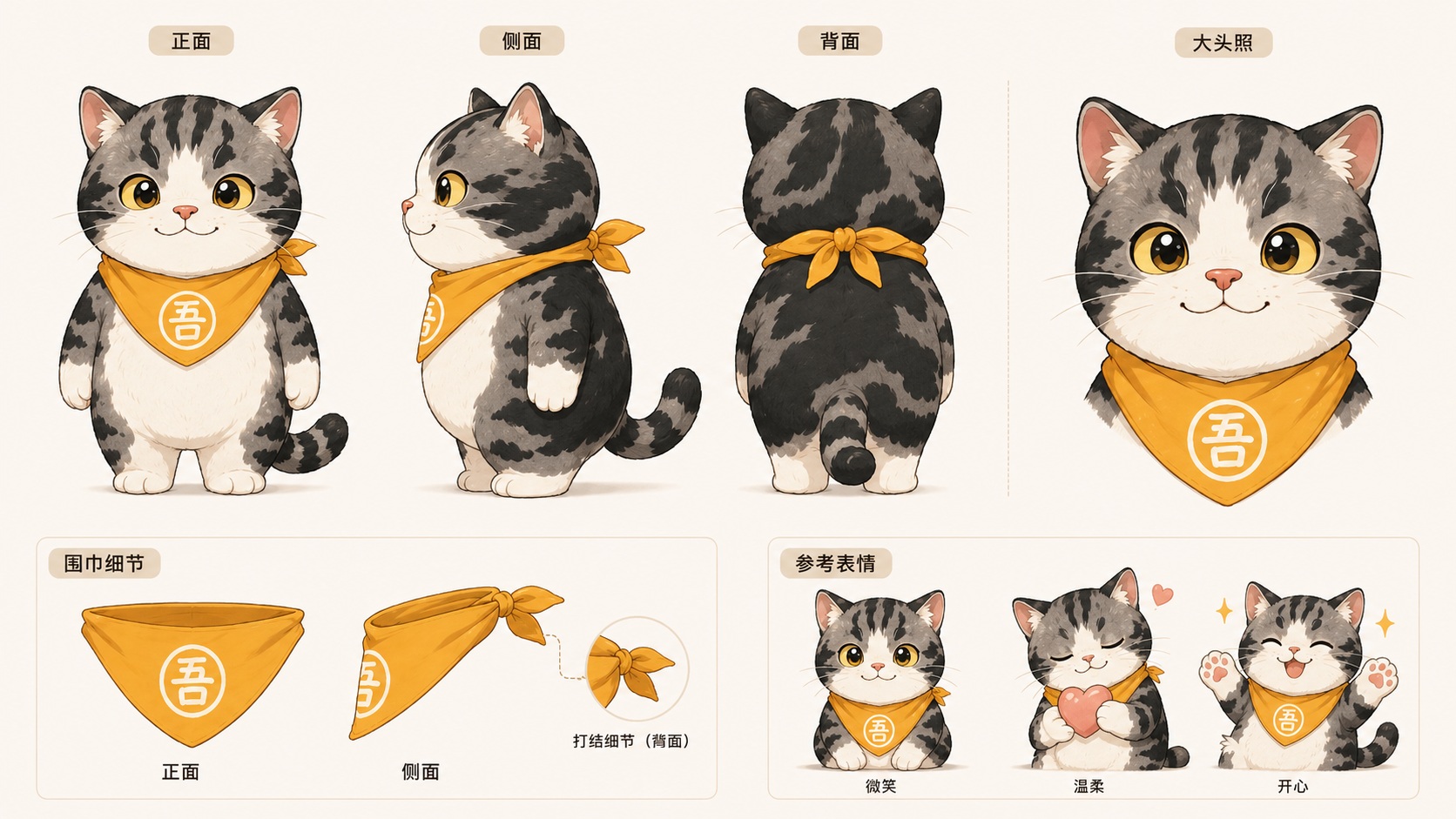 Source image for Cute Tabby Cat Character Sheet Animation with Orange Bandana